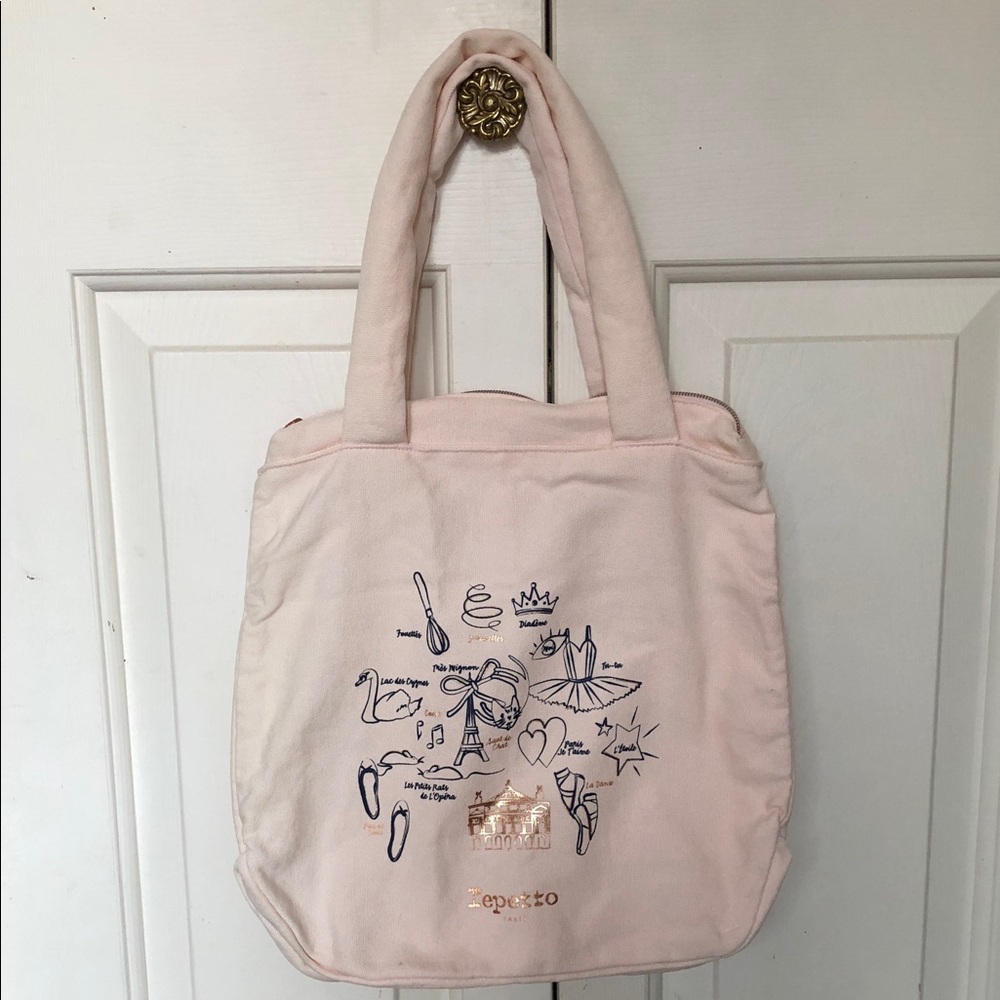 NWOT Repetto Blush Pink Canvas Tote with Navy Graphic and Gold Logo